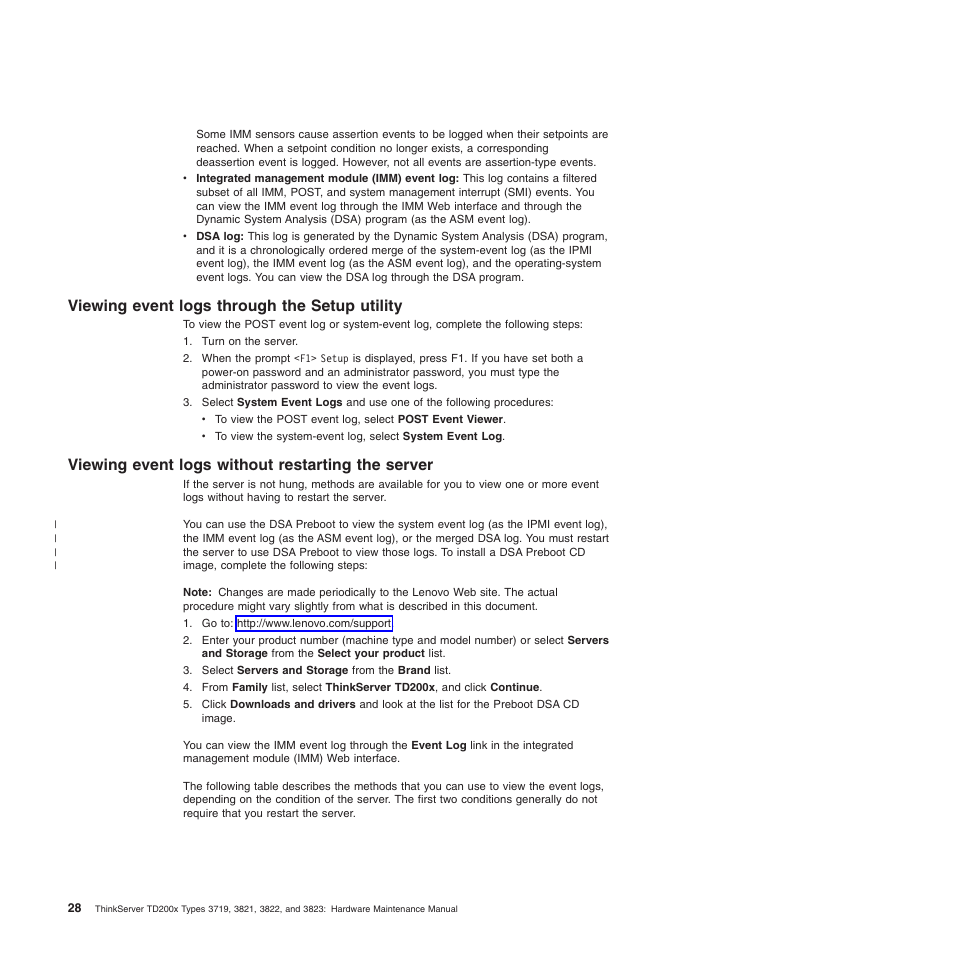 Viewing event logs through the setup utility, Viewing event logs without restarting the server | Lenovo THINKSERVER 3821 User Manual | Page 36 / 304