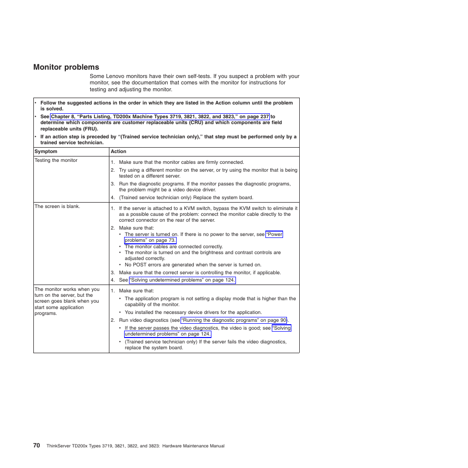 Monitor problems | Lenovo THINKSERVER 3821 User Manual | Page 78 / 304