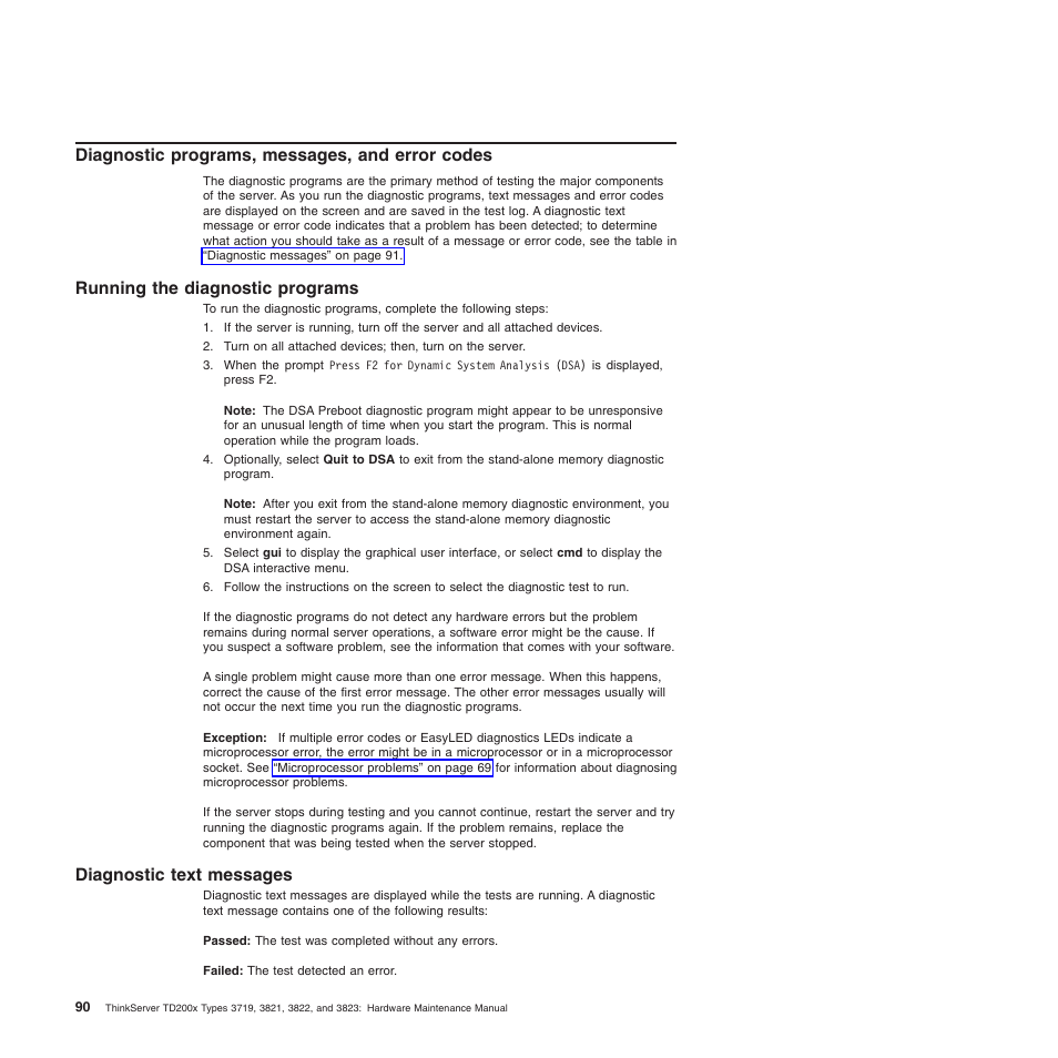 Diagnostic programs, messages, and error codes, Running the diagnostic programs, Diagnostic text messages | Lenovo THINKSERVER 3821 User Manual | Page 98 / 304