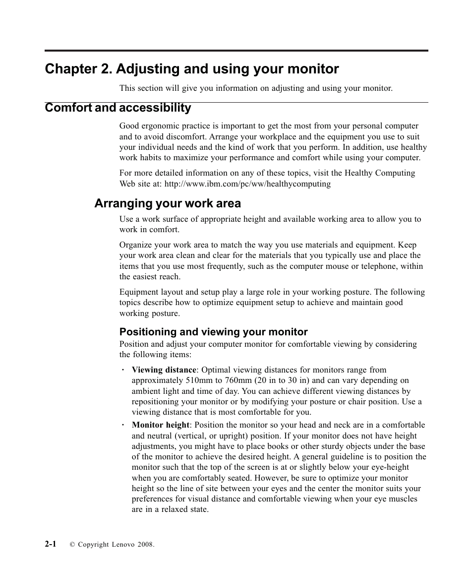 Chapter 2. adjusting and using your monitor, Comfort and accessibility, Arranging your work area | Positioning and viewing your monitor | Lenovo L1700P User Manual | Page 14 / 38