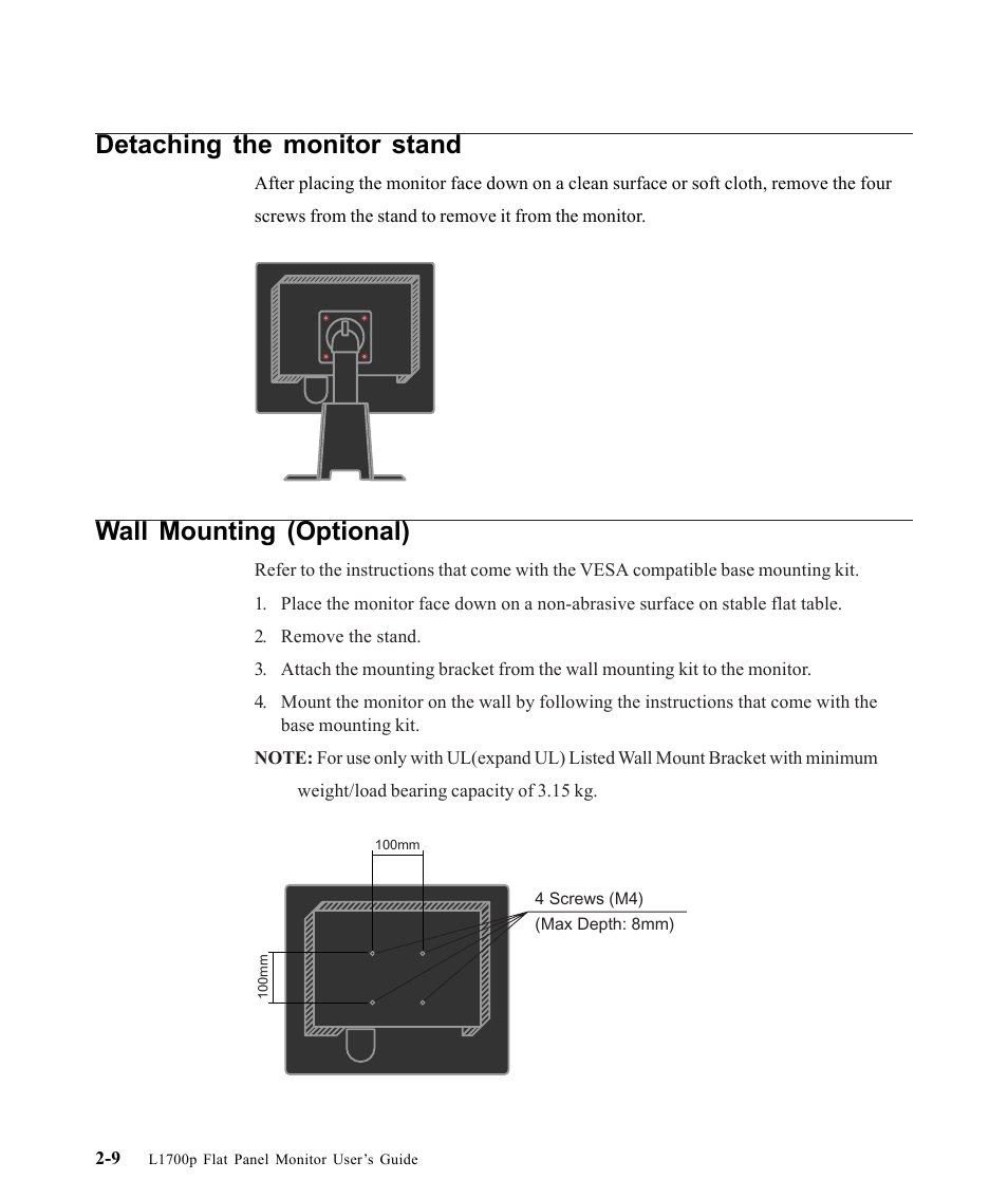 Detaching the monitor stand, Wall mounting (optional) | Lenovo L1700P User Manual | Page 22 / 38