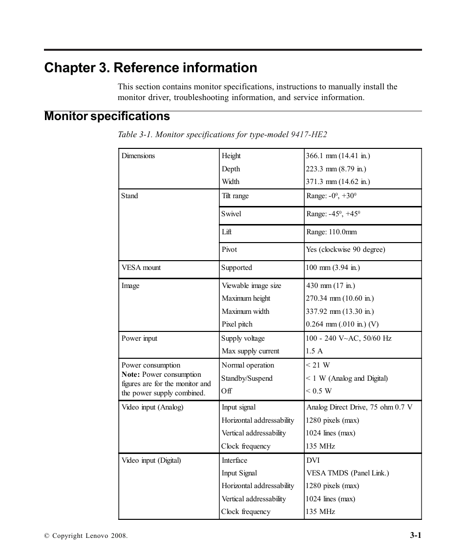 Chapter 3. reference information, Monitor specifications | Lenovo L1700P User Manual | Page 23 / 38