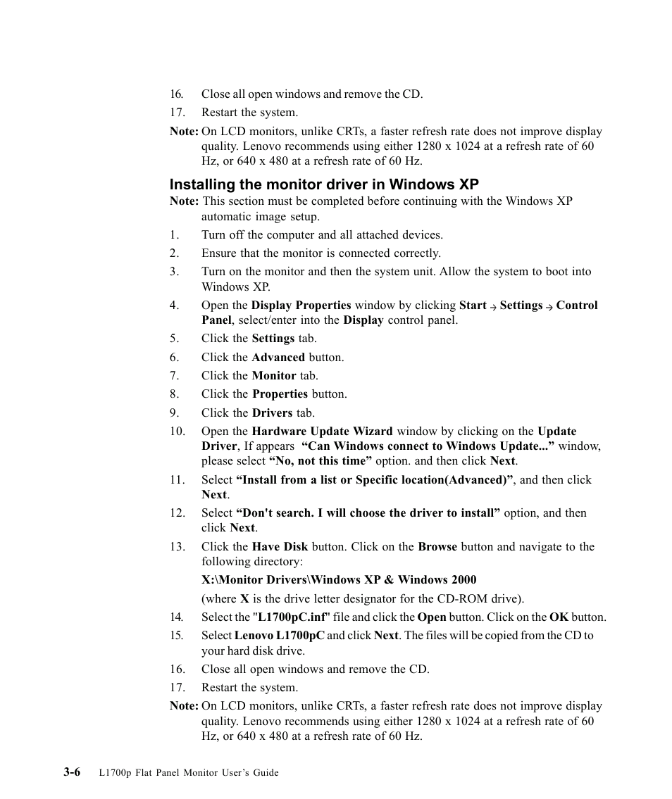 Installing the monitor driver in windows xp | Lenovo L1700P User Manual | Page 28 / 38