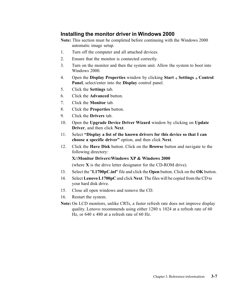 Installing the monitor driver in windows 2000 | Lenovo L1700P User Manual | Page 29 / 38