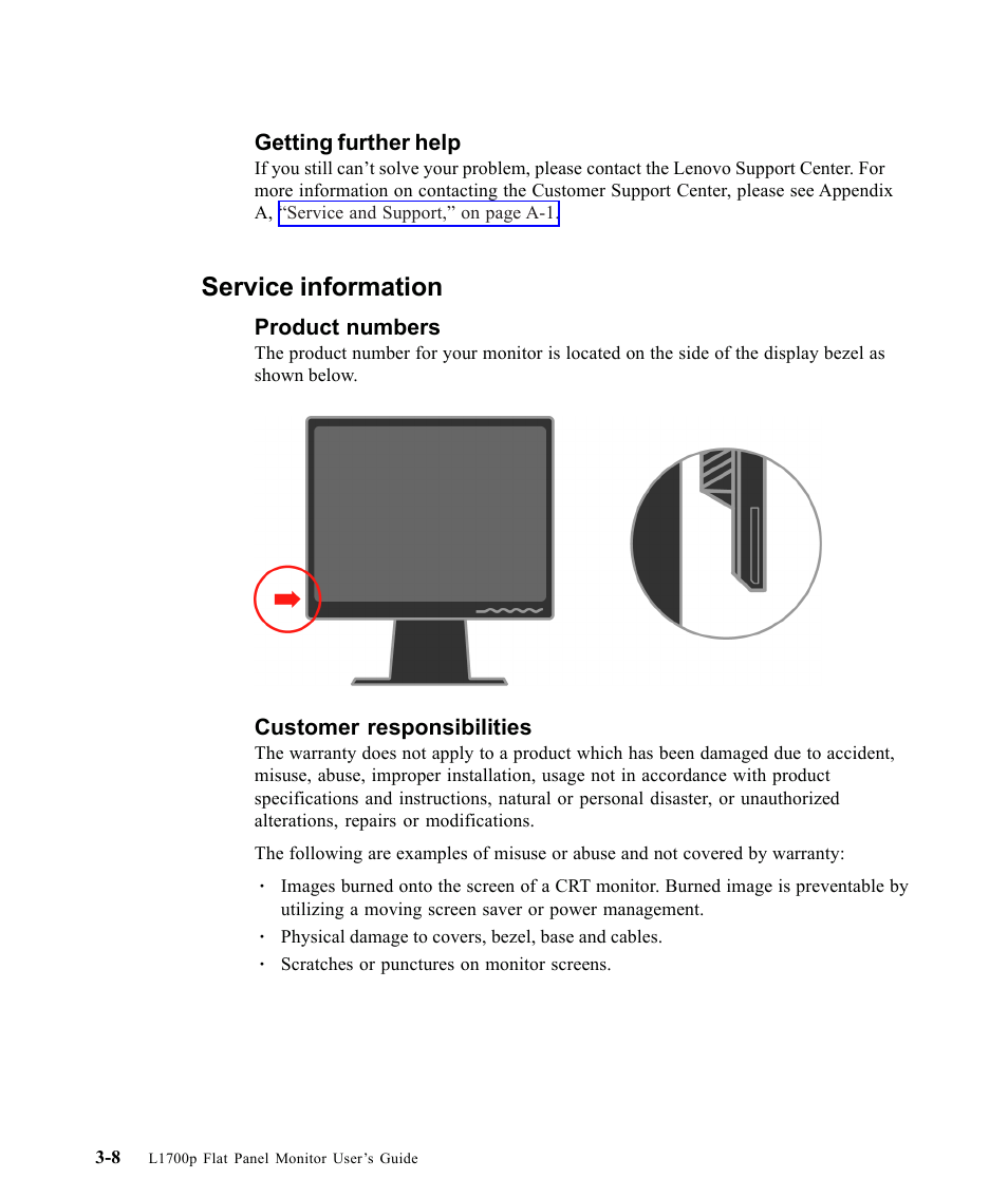 Getting further help, Service information, Product numbers | Customer responsibilities | Lenovo L1700P User Manual | Page 30 / 38