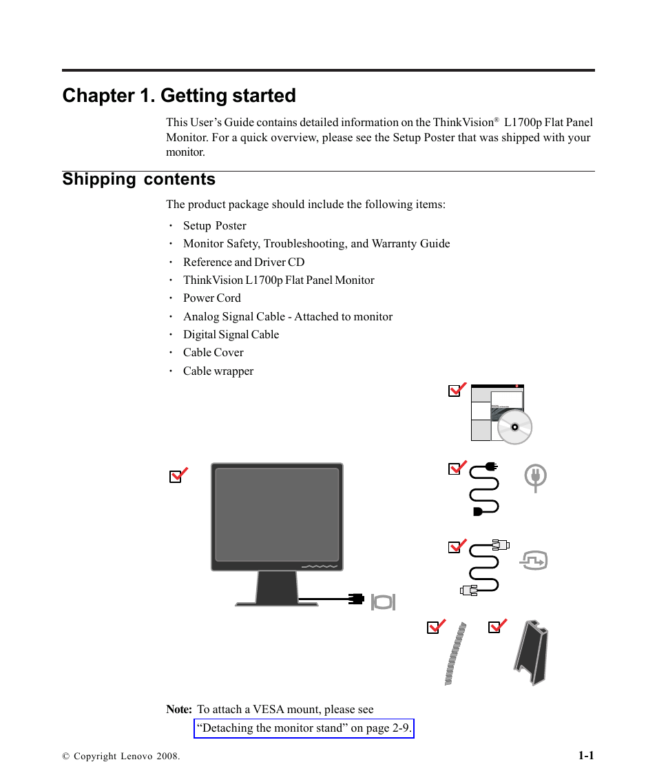 Chapter 1. getting started, Shipping contents | Lenovo L1700P User Manual | Page 5 / 38