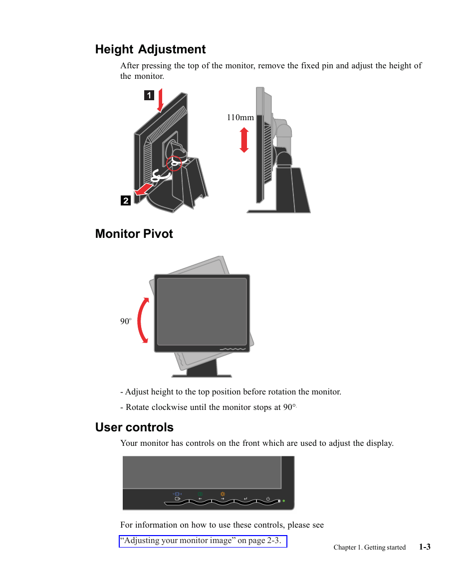 Height adjustment, Monitor pivot, User controls | Lenovo L1700P User Manual | Page 7 / 38
