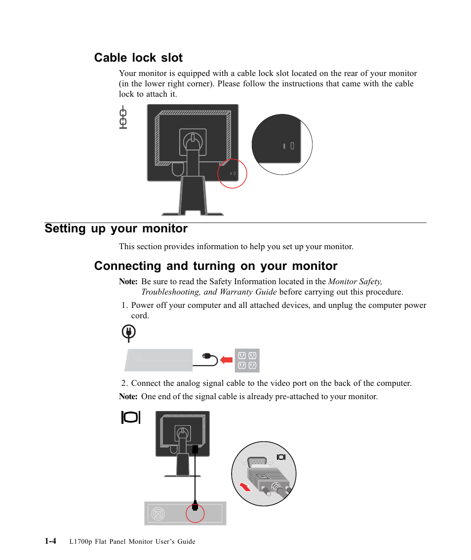 Cable lock slot, Setting up your monitor, Connecting and turning on your monitor | Lenovo L1700P User Manual | Page 8 / 38