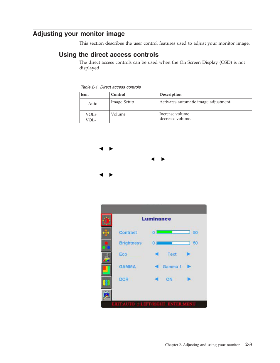 Adjusting your monitor image, Using the direct access controls, Using the on-screen display (osd) controls | Adjusting, Your, Monitor, Image, Using, Direct, Access | Lenovo D154W User Manual | Page 12 / 33