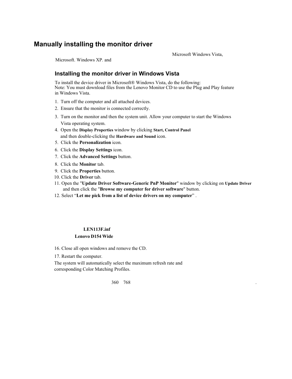 Manually installing the monitor driver | Lenovo D154W User Manual | Page 22 / 33