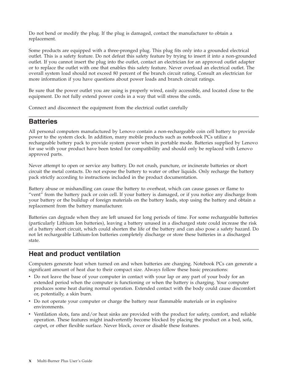 Batteries, Heat and product ventilation, Heat | Product, Ventilation | Lenovo ThinkCentre 41N5583 User Manual | Page 12 / 72