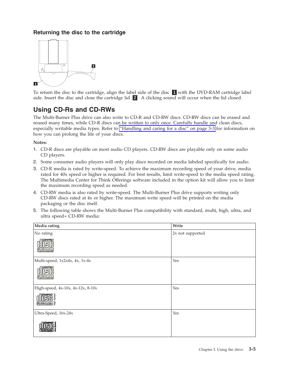 Returning the disc to the cartridge, Using cd-rs and cd-rws, Using | Cd-rs, Cd-rws, Returning, Disc, Cartridge | Lenovo ThinkCentre 41N5583 User Manual | Page 27 / 72