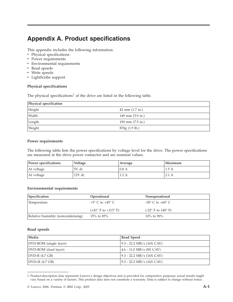 Appendix a. product specifications, Appendix, Product | Specifications | Lenovo ThinkCentre 41N5583 User Manual | Page 35 / 72