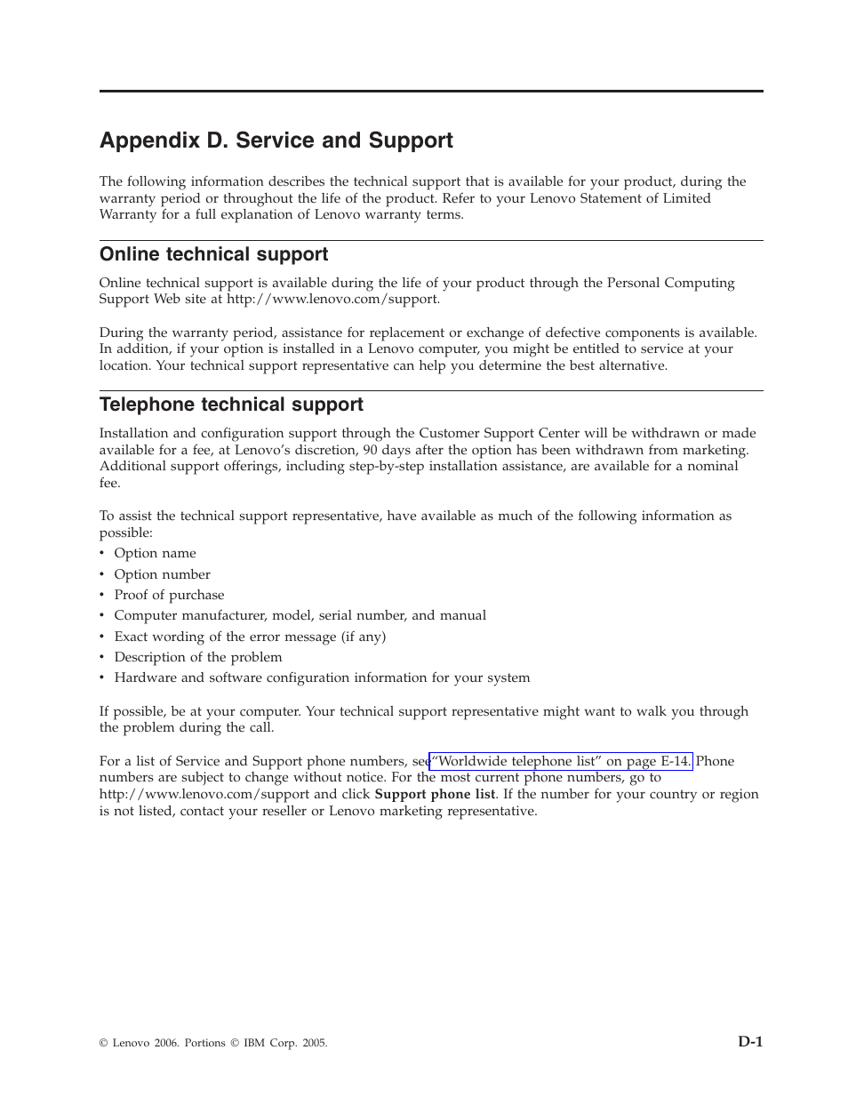 Appendix d. service and support, Online technical support, Telephone technical support | Appendix, Service, Support, Online, Technical, Telephone | Lenovo ThinkCentre 41N5583 User Manual | Page 47 / 72