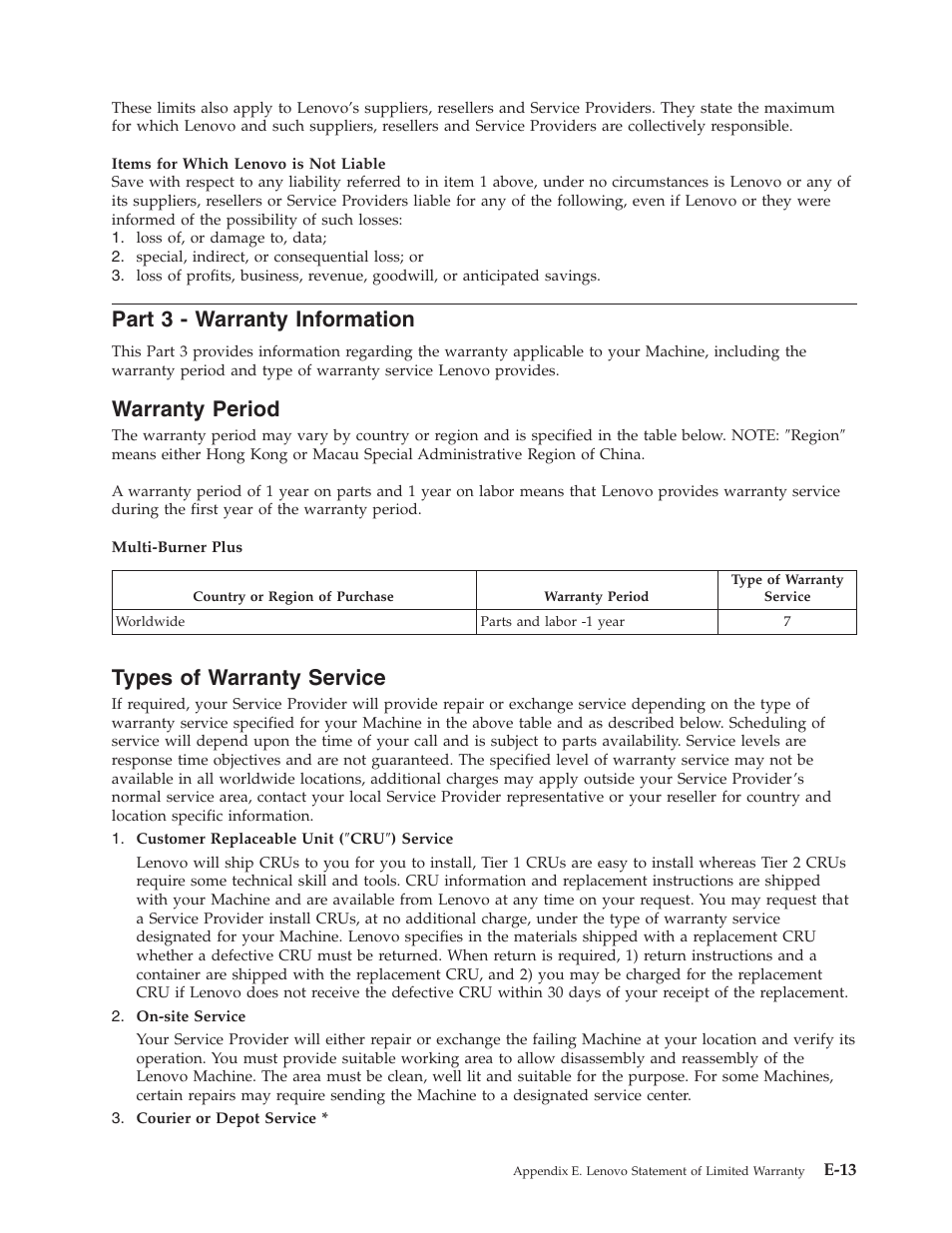 Part 3 - warranty information, Warranty period, Types of warranty service | Part, Warranty, Information, E-13, Period, Types, Service | Lenovo ThinkCentre 41N5583 User Manual | Page 61 / 72