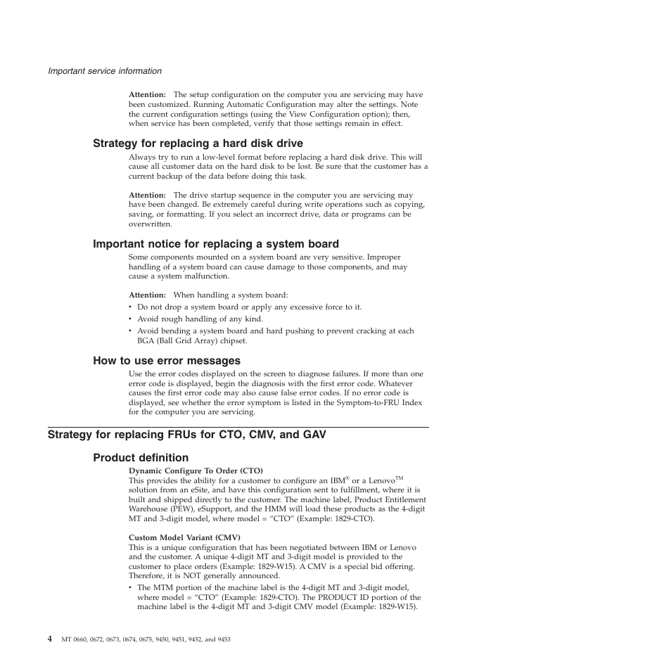 Strategy for replacing a hard disk drive, Important notice for replacing a system board, How to use error messages | Strategy for replacing frus for cto, cmv, and gav, Product definition, Strategy, Replacing, Hard, Disk, Drive | Lenovo Z61e User Manual | Page 10 / 176