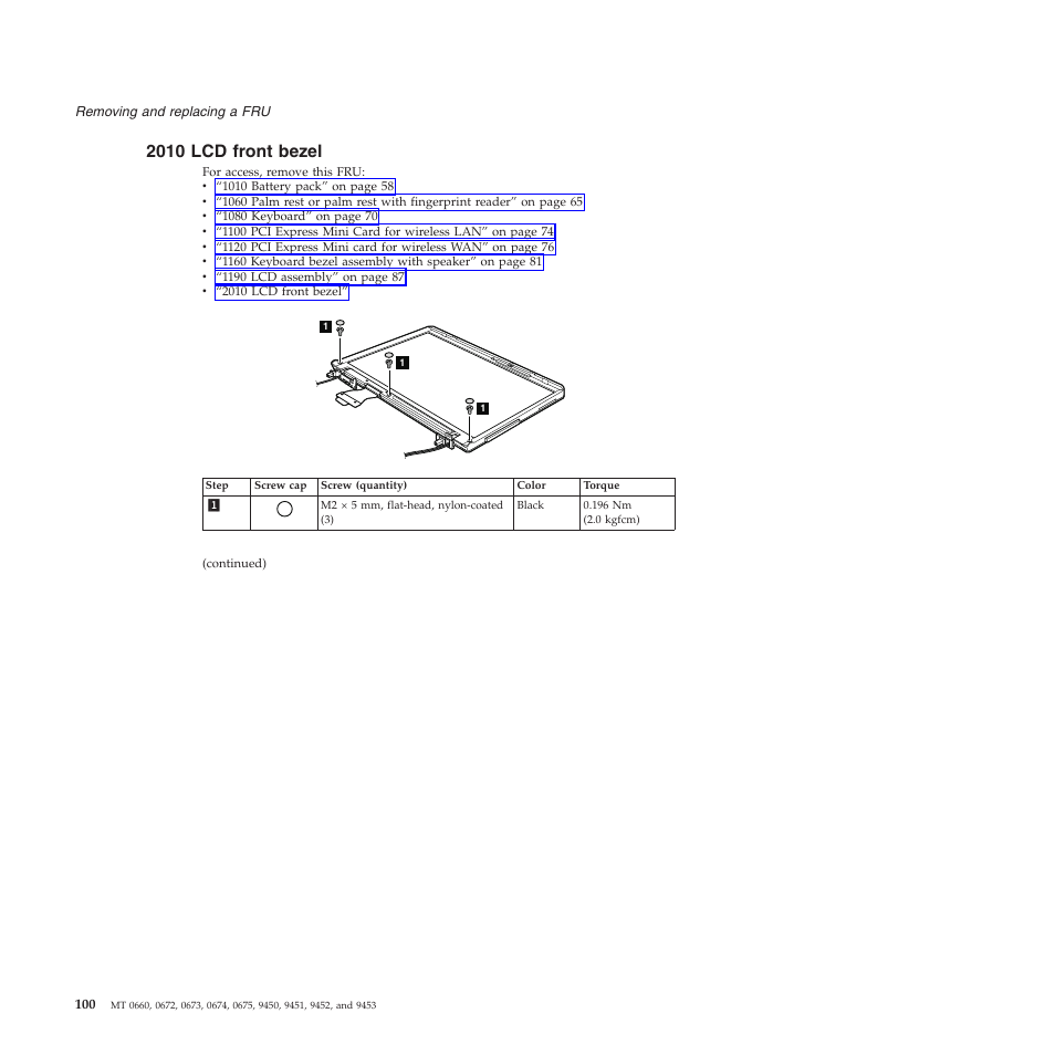 2010 lcd front bezel, Front, Bezel | Lenovo Z61e User Manual | Page 106 / 176