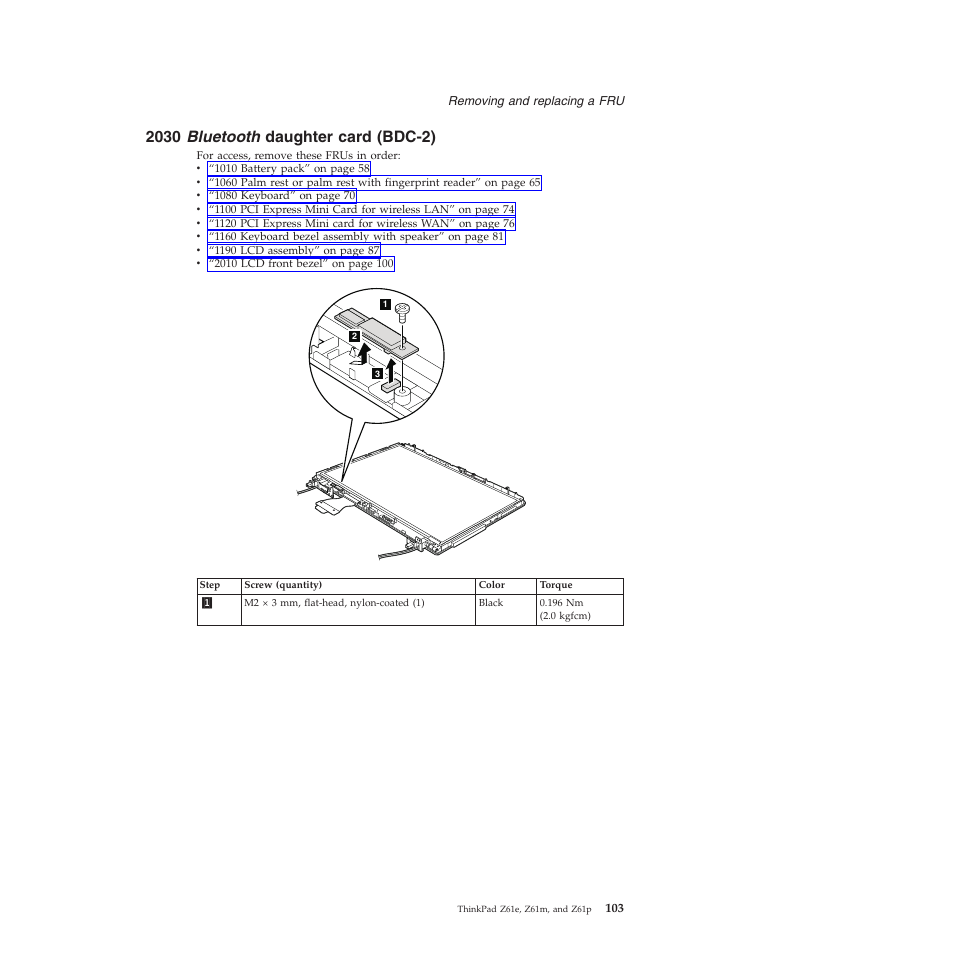 2030 bluetooth daughter card (bdc-2), Bluetooth, Daughter | Card, Bdc-2) | Lenovo Z61e User Manual | Page 109 / 176