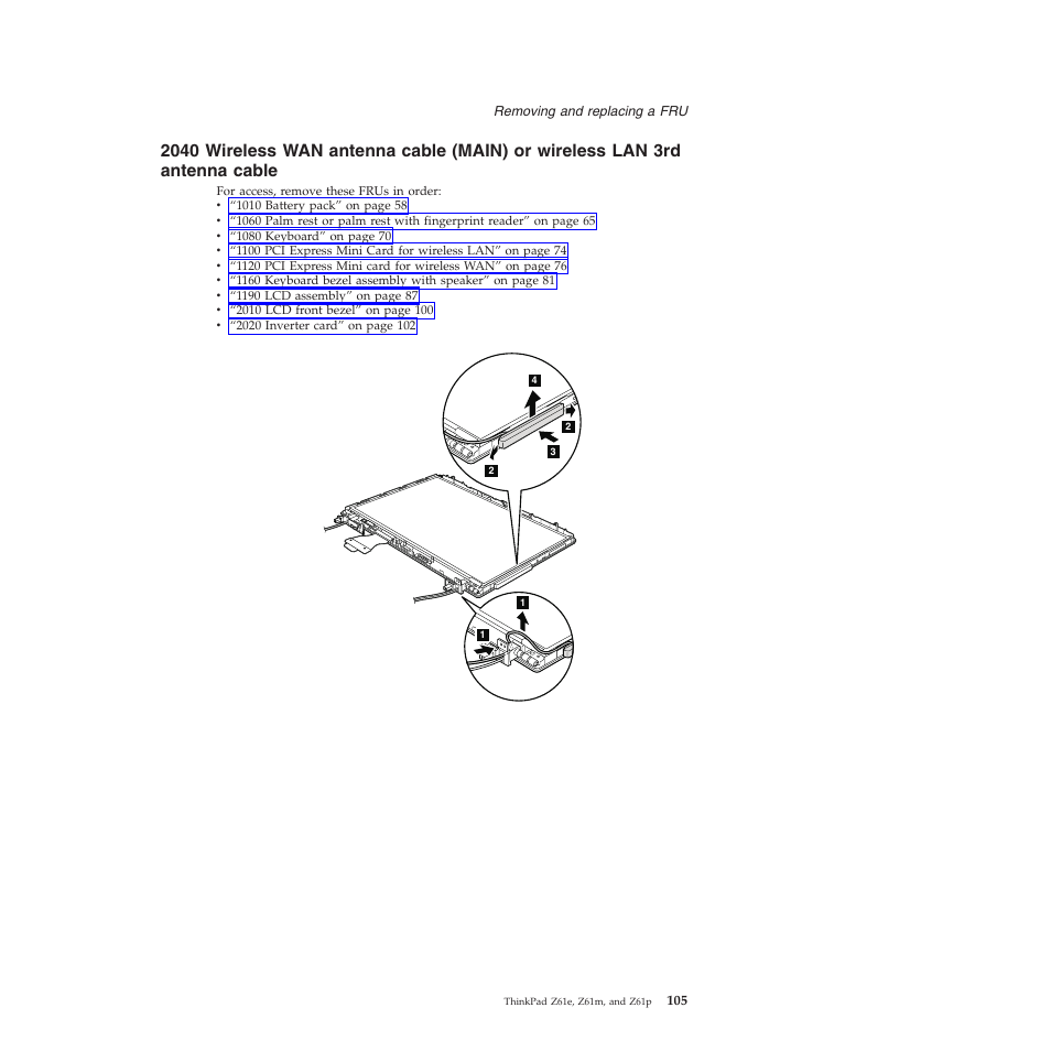 Wireless, Antenna, Cable | Main) | Lenovo Z61e User Manual | Page 111 / 176