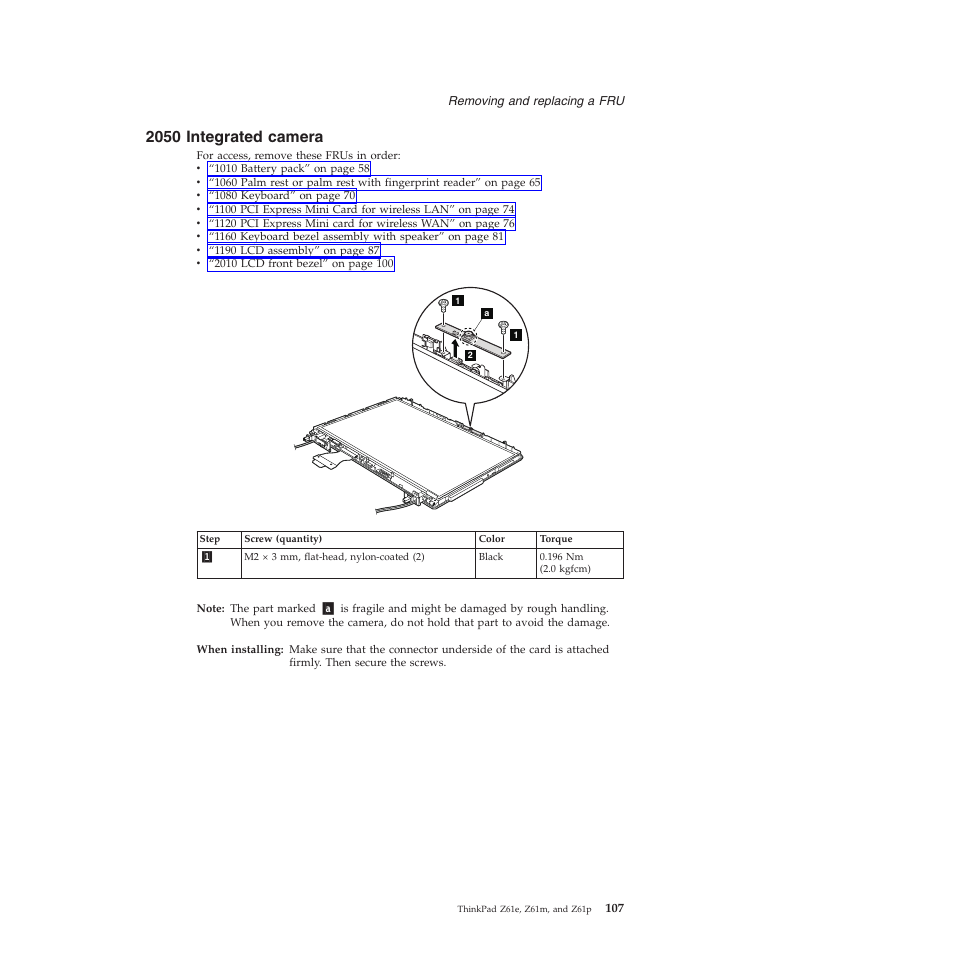 2050 integrated camera, Integrated, Camera | Lenovo Z61e User Manual | Page 113 / 176