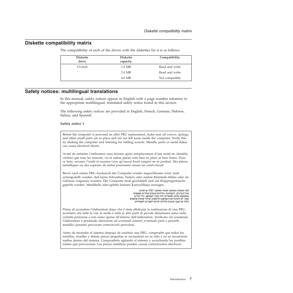Diskette compatibility matrix, Safety notices: multilingual translations, Diskette | Compatibility, Matrix, Safety, Notices, Multilingual, Translations | Lenovo Z61e User Manual | Page 13 / 176
