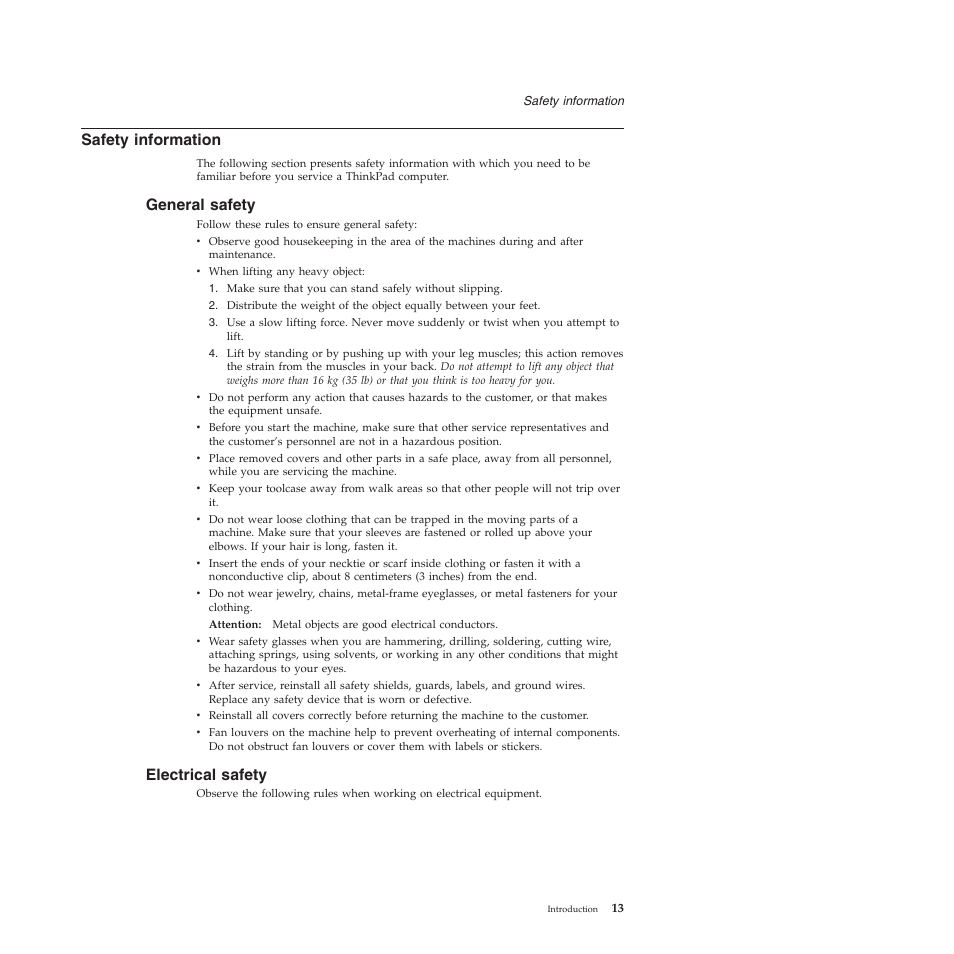 Safety information, General safety, Electrical safety | Safety, Information, General, Electrical | Lenovo Z61e User Manual | Page 19 / 176