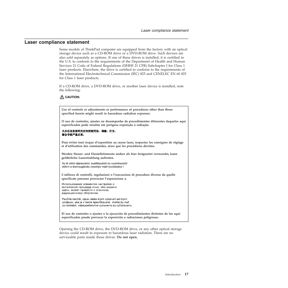 Laser compliance statement, Laser, Compliance | Statement | Lenovo Z61e User Manual | Page 23 / 176