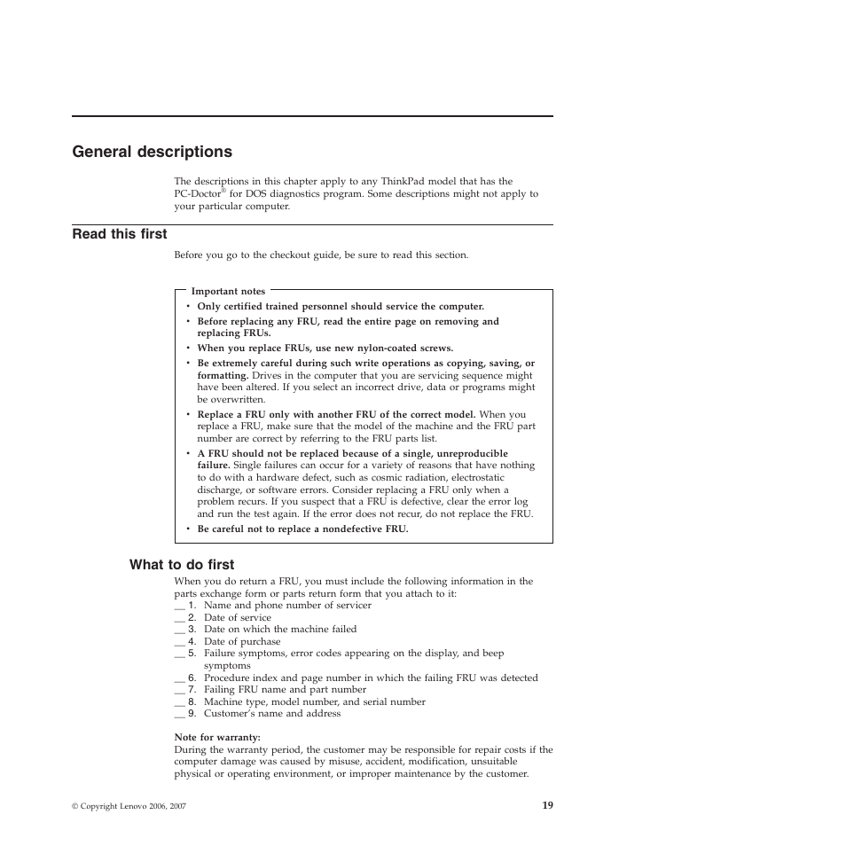 General descriptions, Read this first, What to do first | General, Descriptions, Read, This, First, What | Lenovo Z61e User Manual | Page 25 / 176