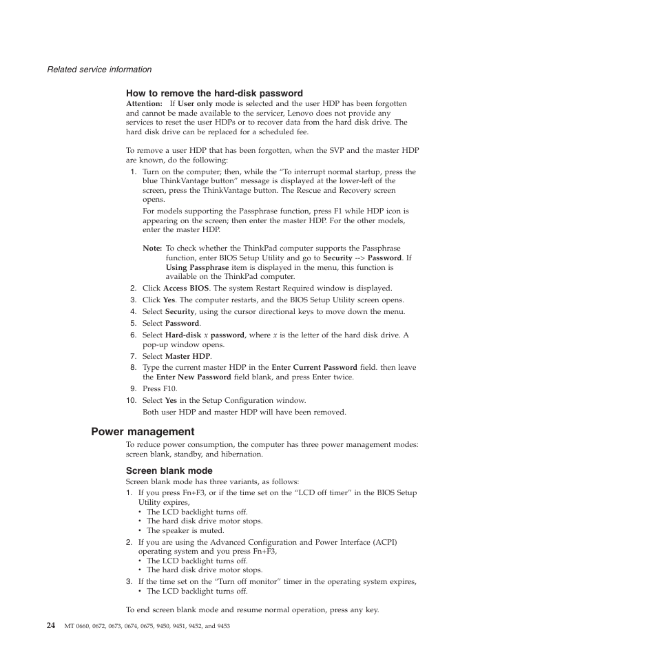 How to remove the hard-disk password, Power management, Screen blank mode | Power, Management | Lenovo Z61e User Manual | Page 30 / 176