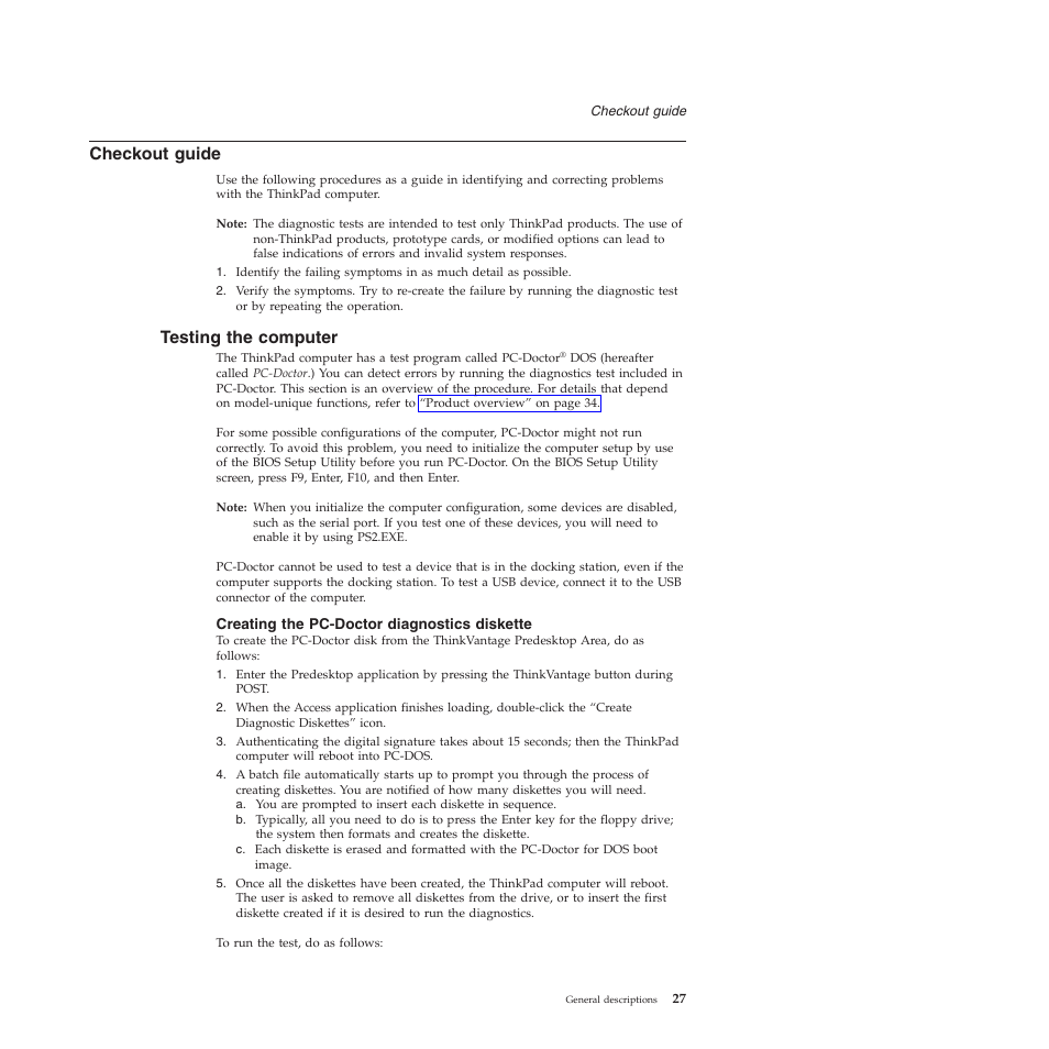 Checkout guide, Testing the computer, Creating the pc-doctor diagnostics diskette | Checkout, Guide, Testing, Computer | Lenovo Z61e User Manual | Page 33 / 176