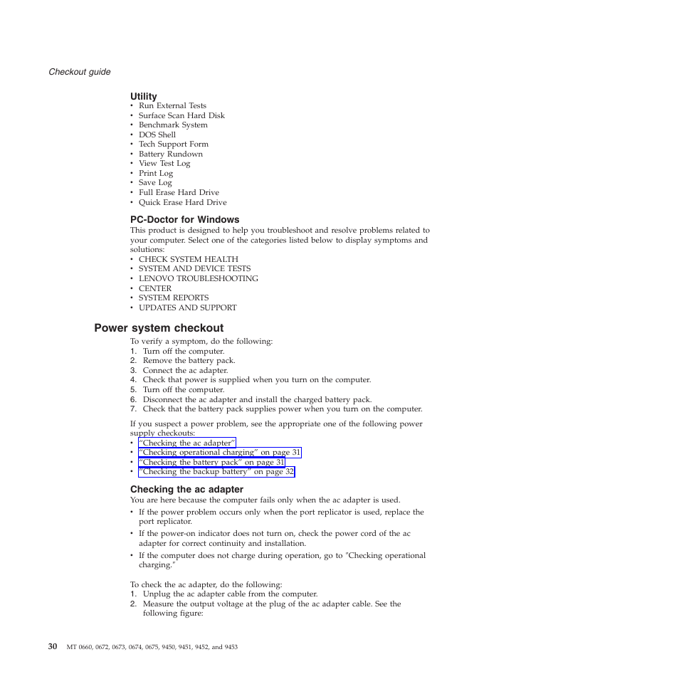 Utility, Pc-doctor for windows, Power system checkout | Checking the ac adapter, Power, System, Checkout | Lenovo Z61e User Manual | Page 36 / 176