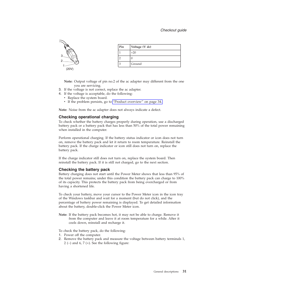 Checking operational charging, Checking the battery pack, Checking | Operational, Charging, Battery, Pack | Lenovo Z61e User Manual | Page 37 / 176