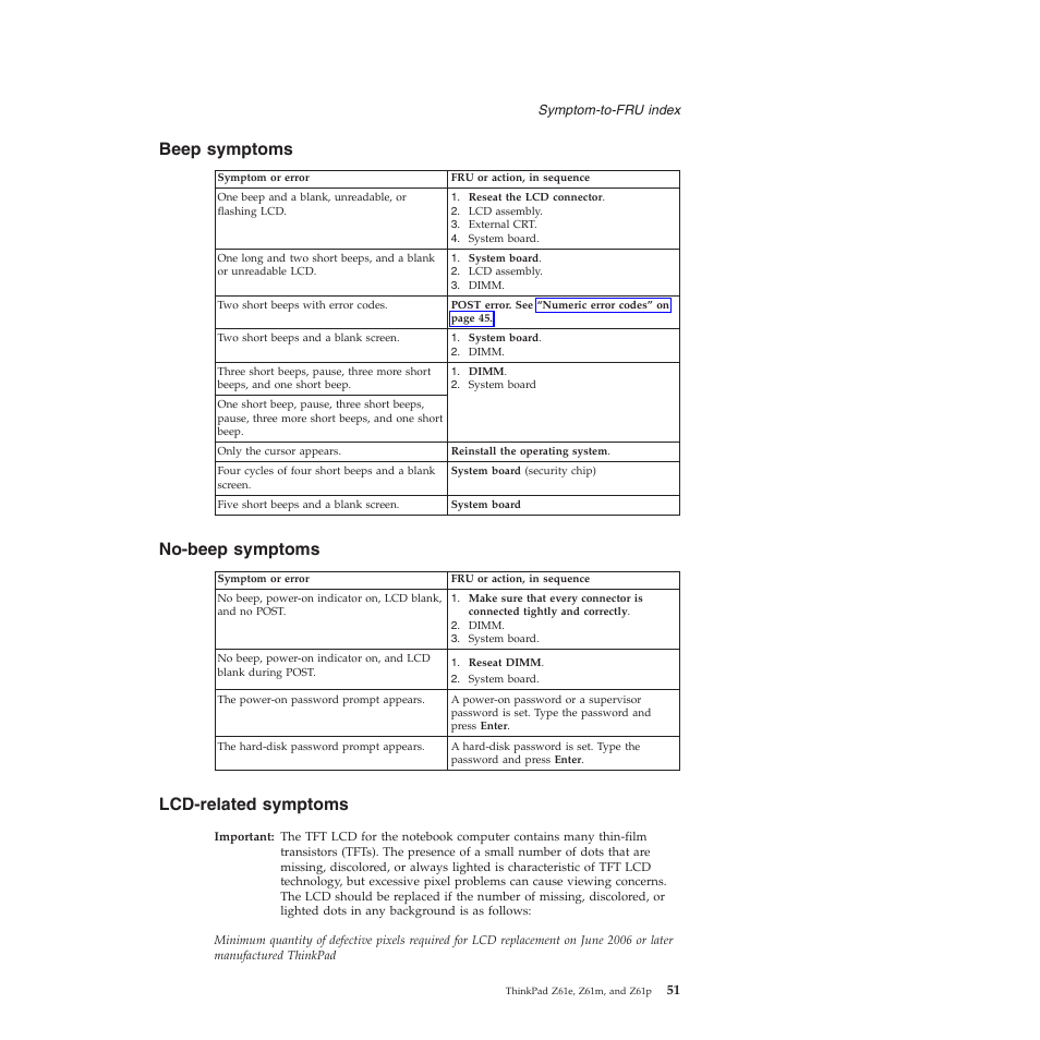 Beep symptoms, No-beep symptoms, Lcd-related symptoms | Beep, Symptoms, No-beep, Lcd-related | Lenovo Z61e User Manual | Page 57 / 176
