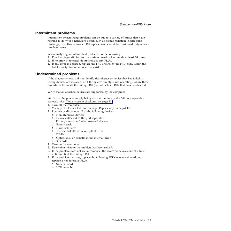 Intermittent problems, Undetermined problems, Intermittent | Problems, Undetermined | Lenovo Z61e User Manual | Page 59 / 176