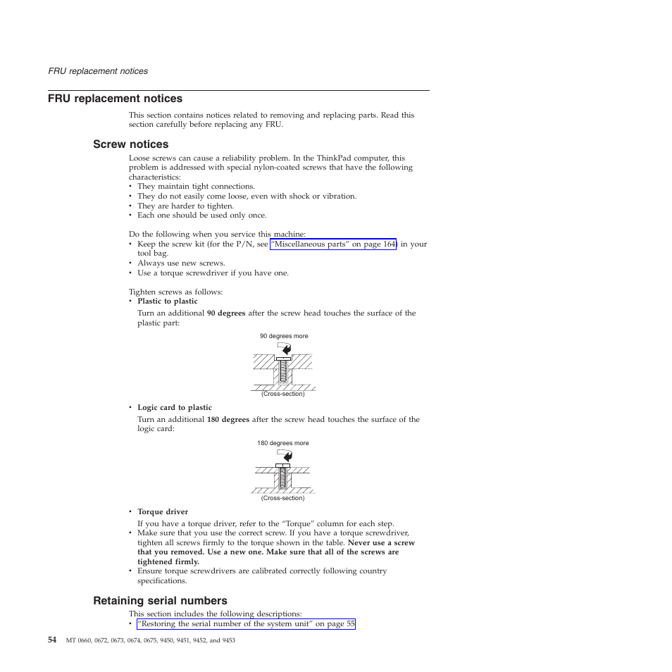 Fru replacement notices, Screw notices, Retaining serial numbers | Replacement, Notices, Screw, Retaining, Serial, Numbers | Lenovo Z61e User Manual | Page 60 / 176