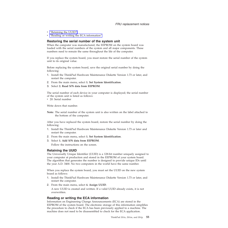 Restoring the serial number of the system unit, Retaining the uuid, Reading or writing the eca information | Restoring, Serial, Number, System, Unit, Retaining, Uuid | Lenovo Z61e User Manual | Page 61 / 176