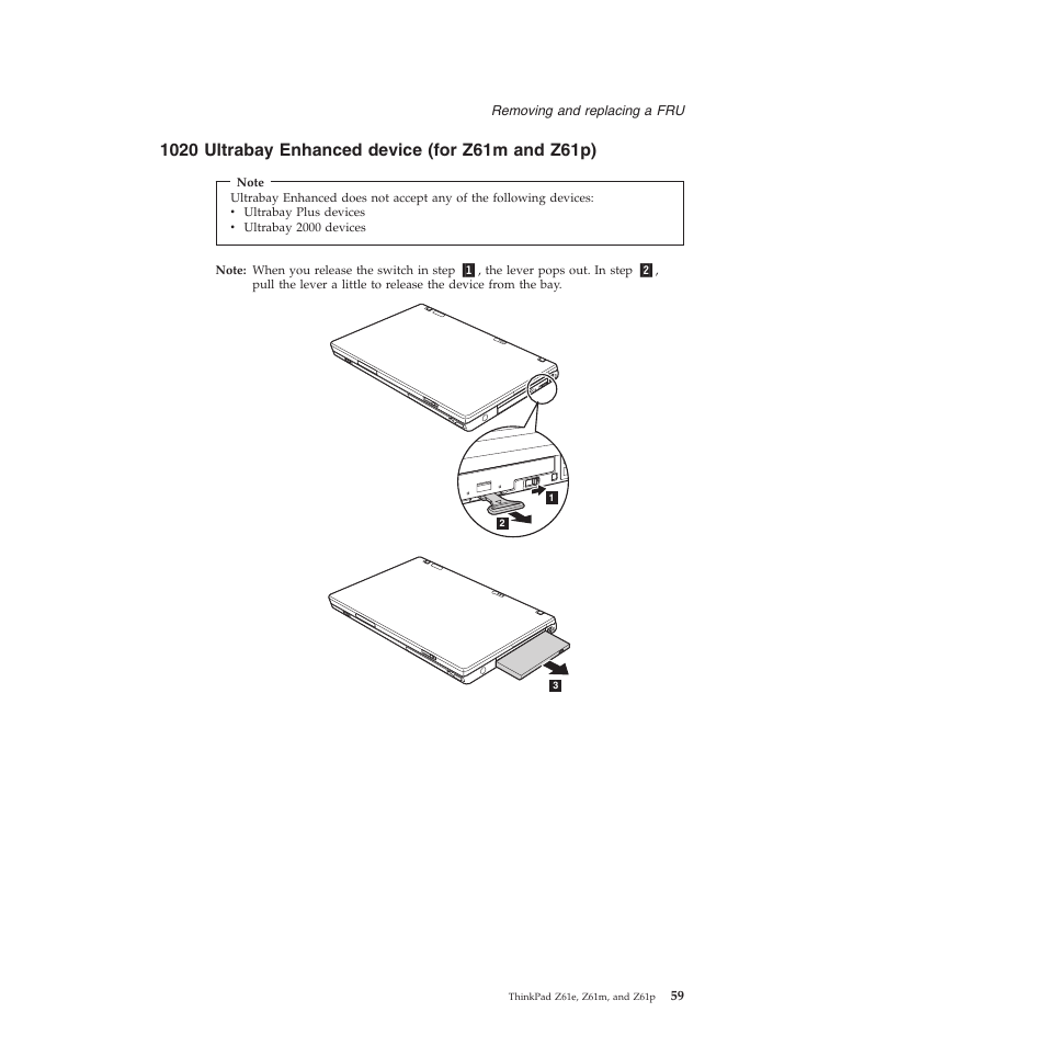 1020 ultrabay enhanced device (for z61m and z61p), Ultrabay, Enhanced | Device, Z61m, Z61p) | Lenovo Z61e User Manual | Page 65 / 176