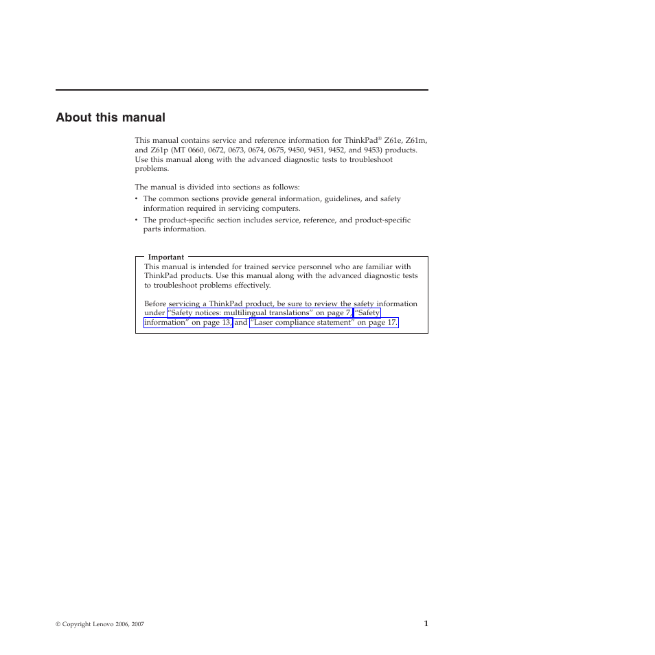 About this manual, About, This | Manual | Lenovo Z61e User Manual | Page 7 / 176