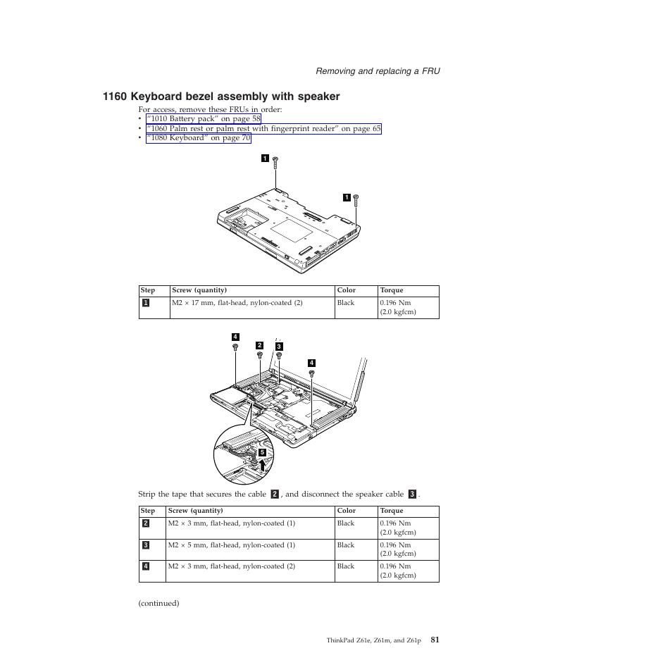 1160 keyboard bezel assembly with speaker, Keyboard, Bezel | Assembly, With, Speaker | Lenovo Z61e User Manual | Page 87 / 176