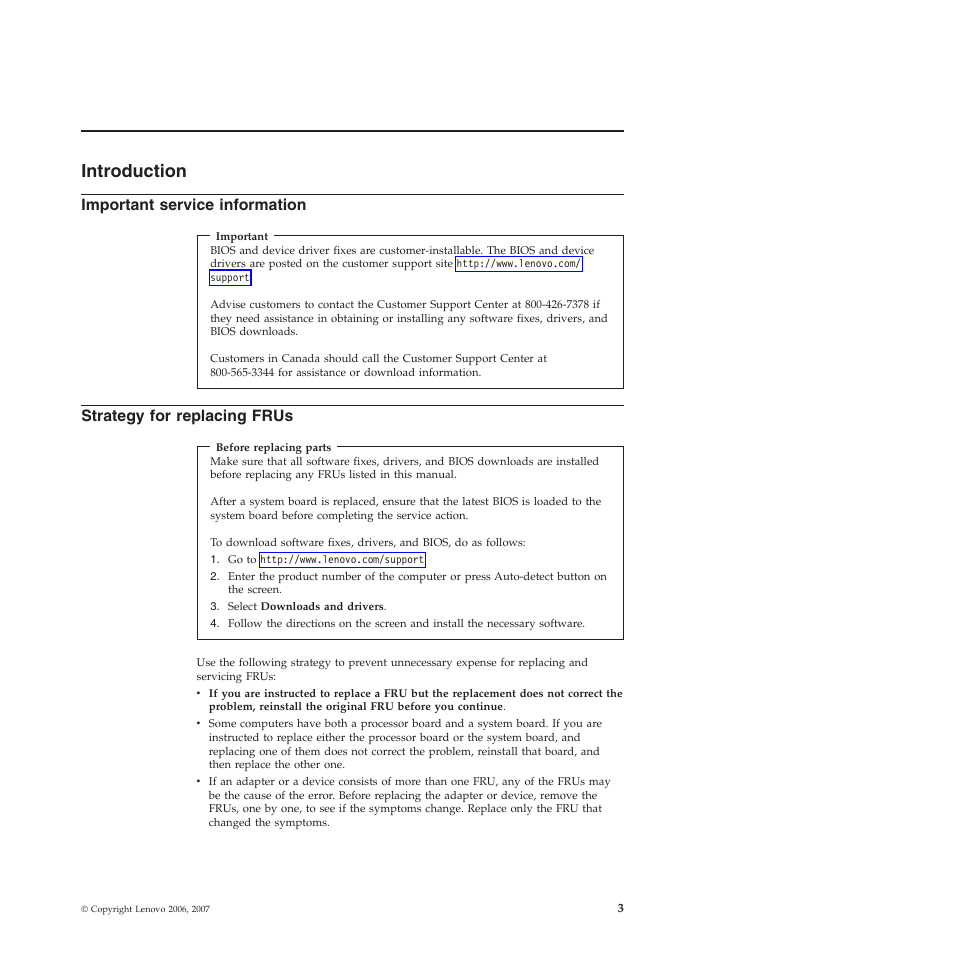 Introduction, Important service information, Strategy for replacing frus | Important, Service, Information, Strategy, Replacing, Frus | Lenovo Z61e User Manual | Page 9 / 176