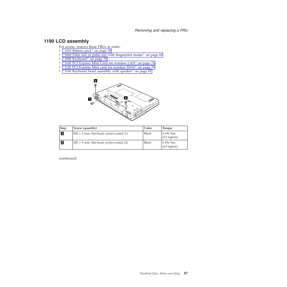 1190 lcd assembly, Assembly | Lenovo Z61e User Manual | Page 93 / 176