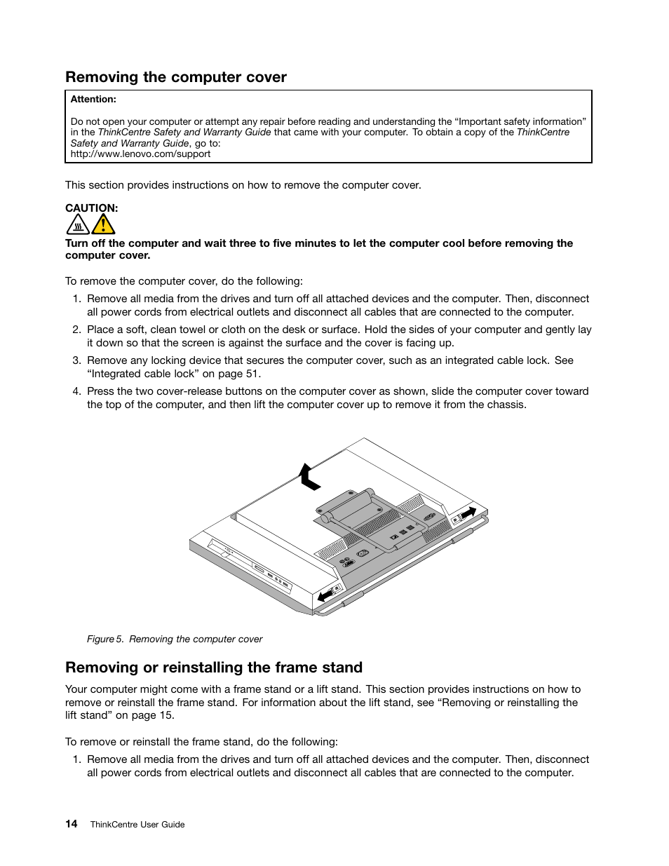 Removing the computer cover, Removing or reinstalling the frame stand | Lenovo 5248 User Manual | Page 22 / 98