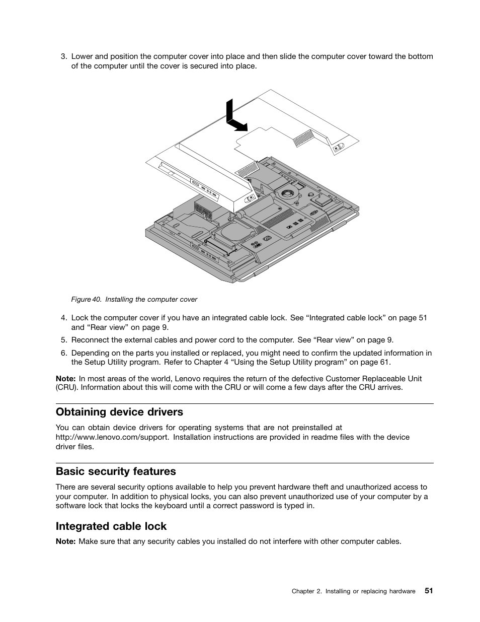 Obtaining device drivers, Basic security features, Integrated cable lock | Lenovo 5248 User Manual | Page 59 / 98