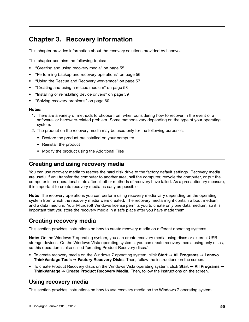 Chapter 3. recovery information, Creating and using recovery media, Creating recovery media | Using recovery media | Lenovo 5248 User Manual | Page 63 / 98