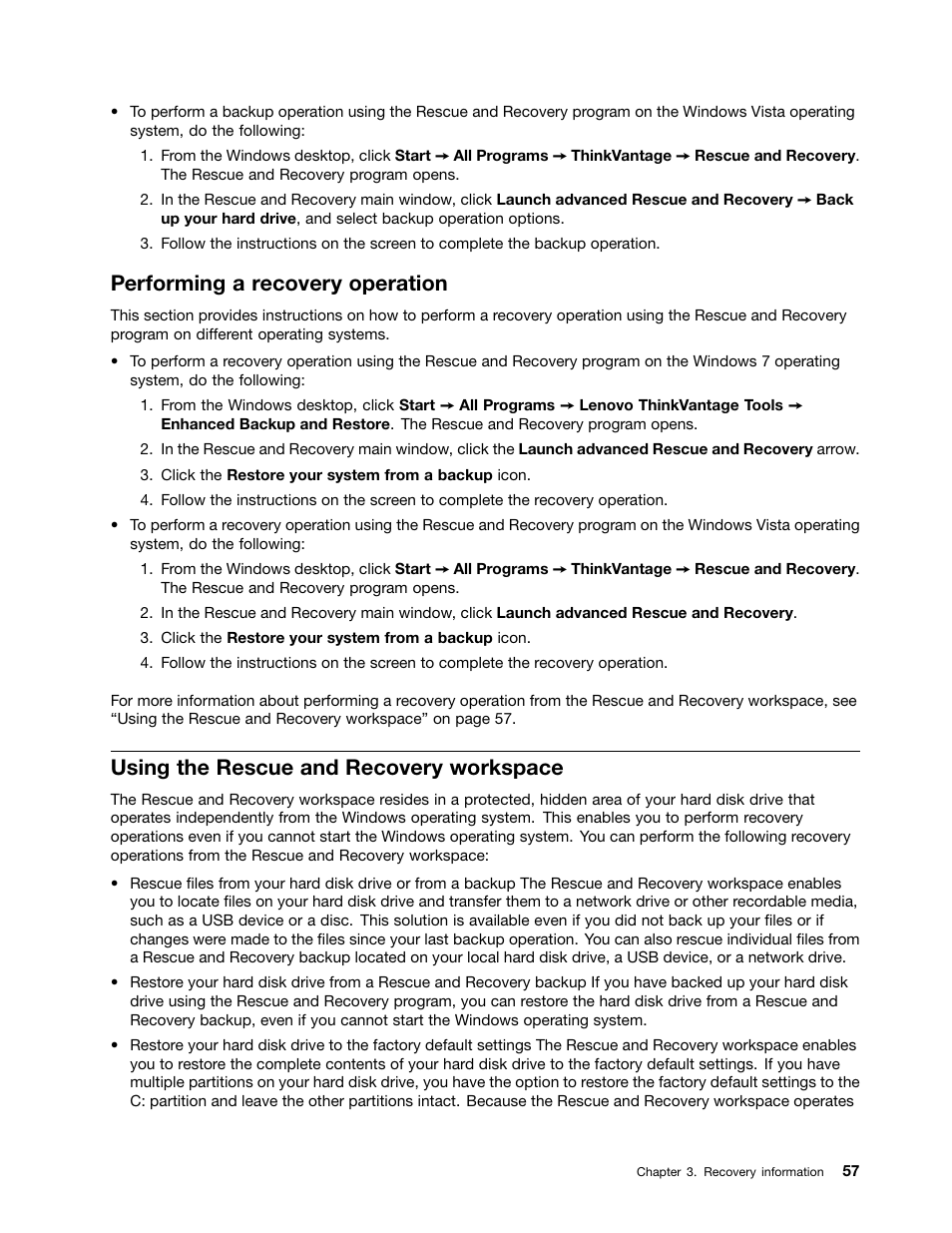 Performing a recovery operation, Using the rescue and recovery workspace | Lenovo 5248 User Manual | Page 65 / 98