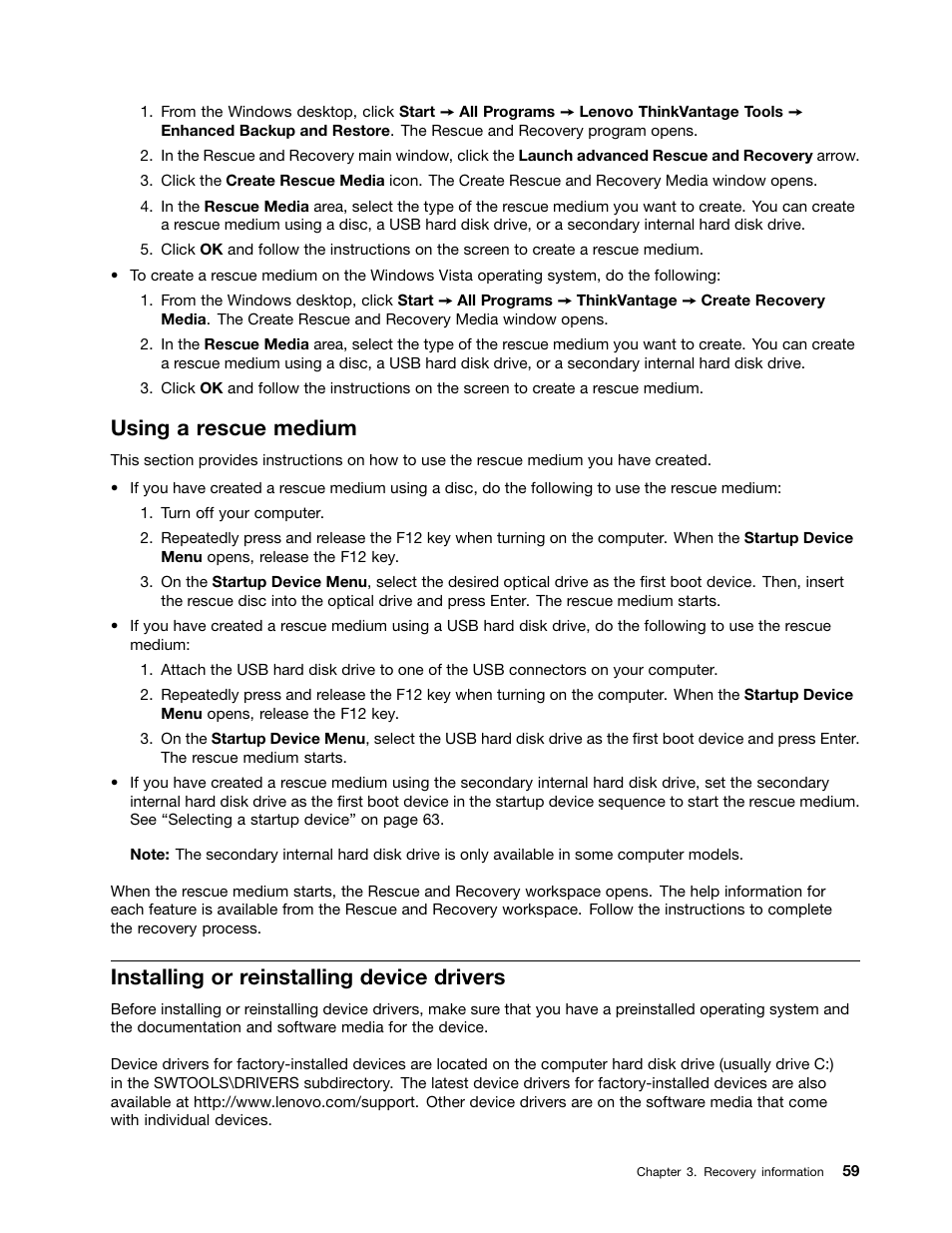 Using a rescue medium, Installing or reinstalling device drivers | Lenovo 5248 User Manual | Page 67 / 98