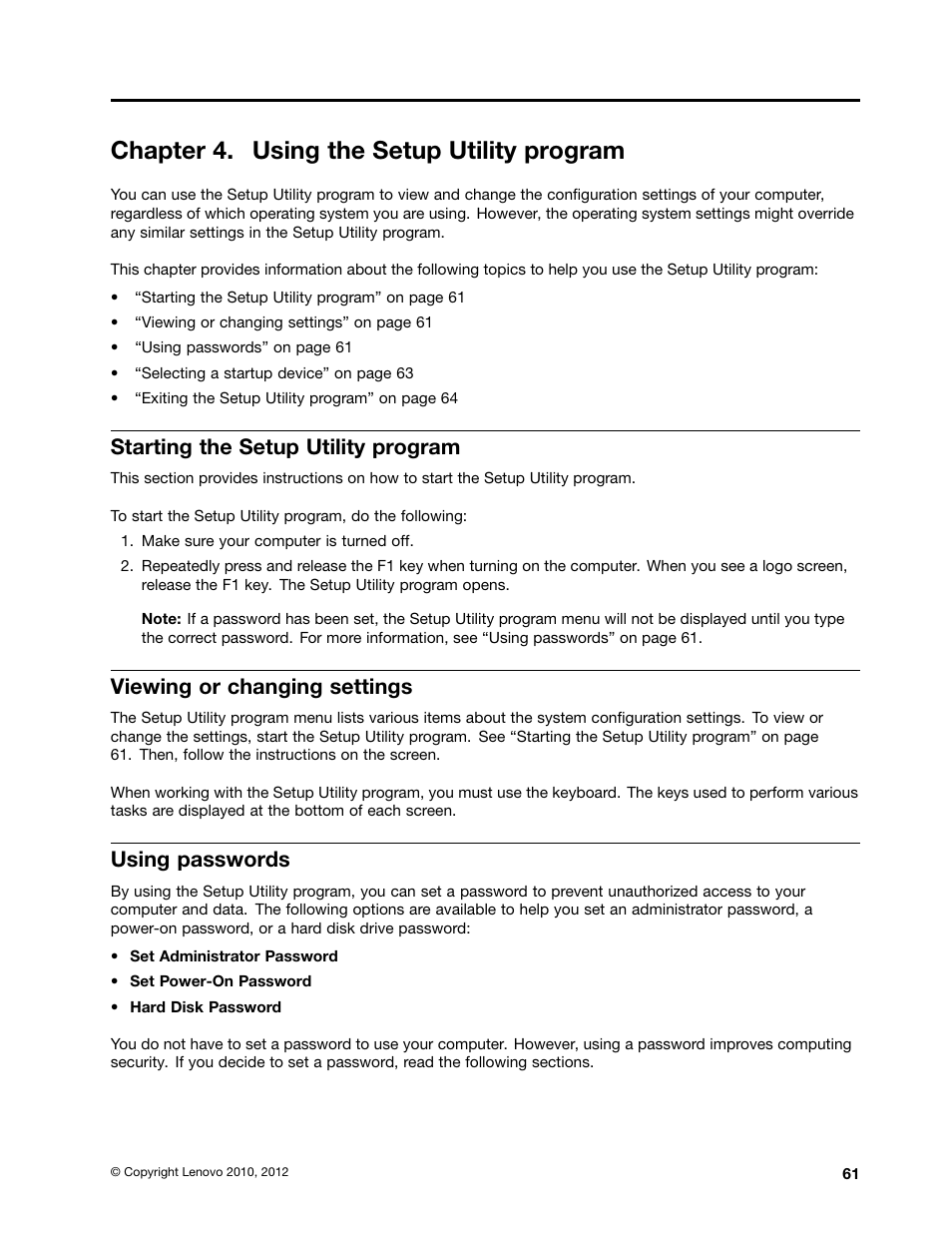 Chapter 4. using the setup utility program, Starting the setup utility program, Viewing or changing settings | Using passwords, Chapter 4 “using the setup | Lenovo 5248 User Manual | Page 69 / 98