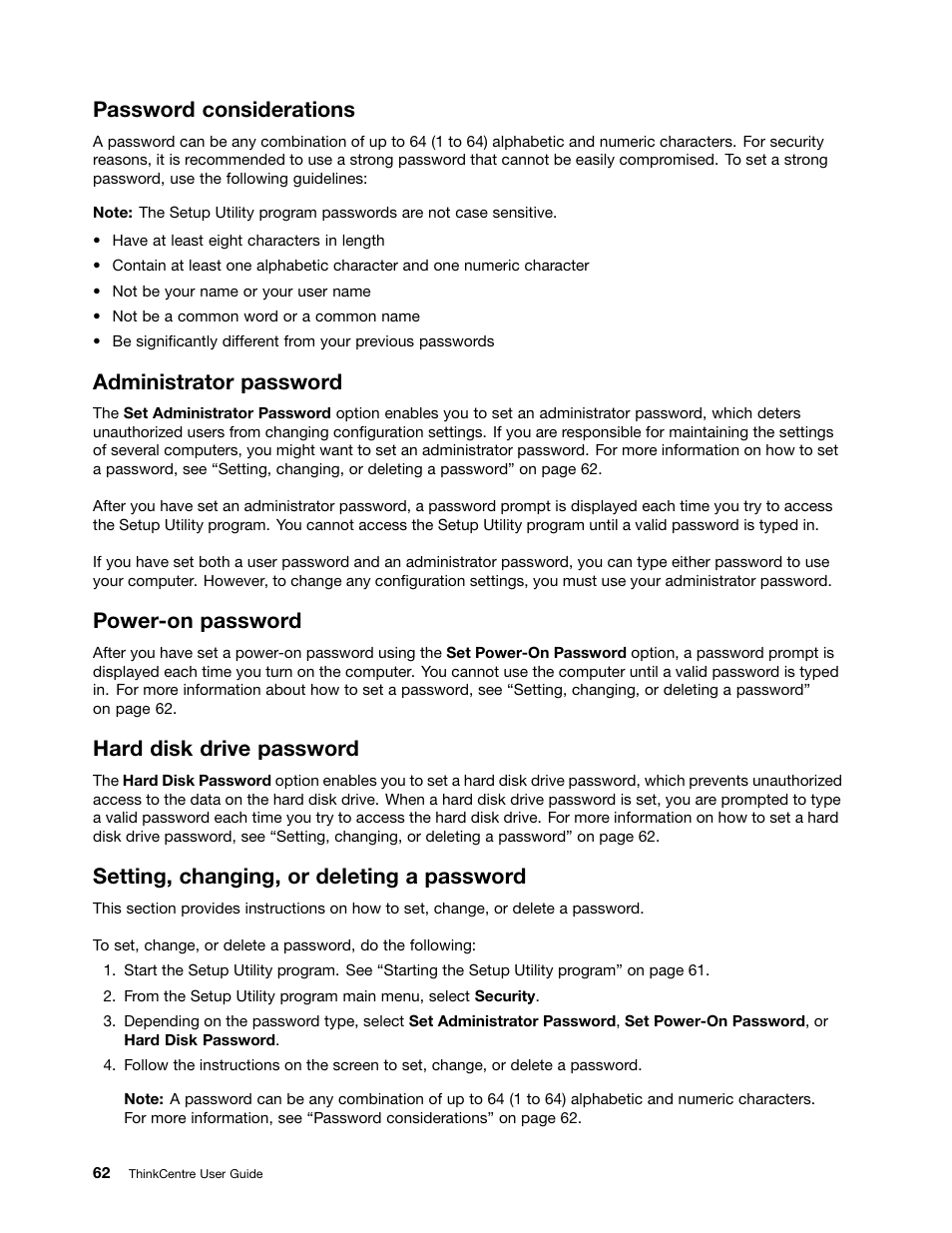 Password considerations, Administrator password, Power-on password | Hard disk drive password, Setting, changing, or deleting a password | Lenovo 5248 User Manual | Page 70 / 98