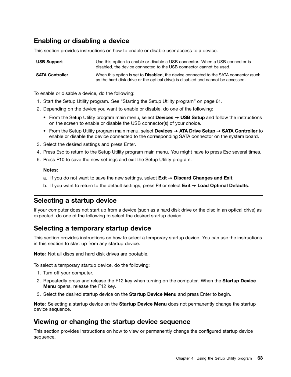 Enabling or disabling a device, Selecting a startup device, Selecting a temporary startup device | Viewing or changing the startup device sequence | Lenovo 5248 User Manual | Page 71 / 98