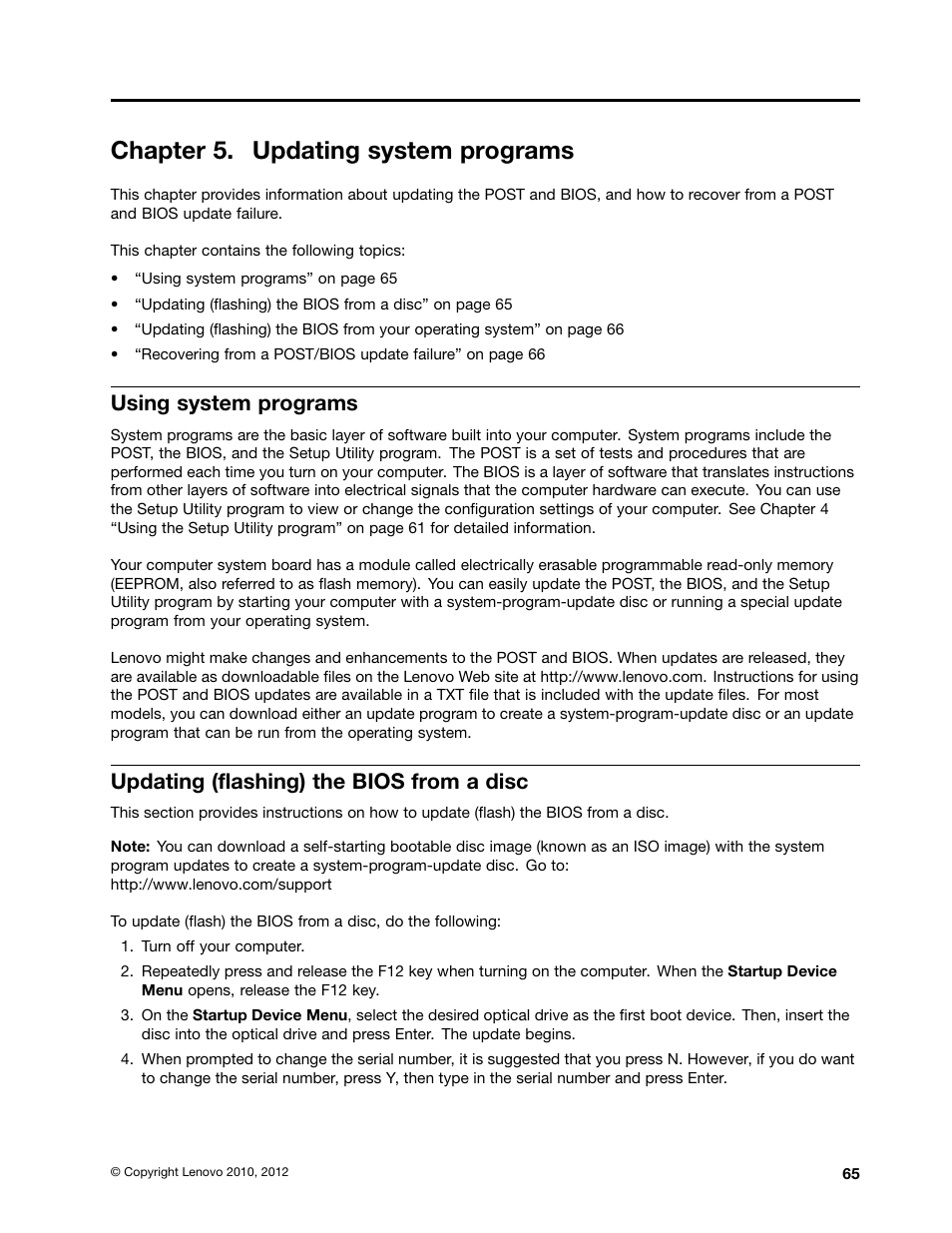 Chapter 5. updating system programs, Using system programs, Updating (flashing) the bios from a disc | Lenovo 5248 User Manual | Page 73 / 98